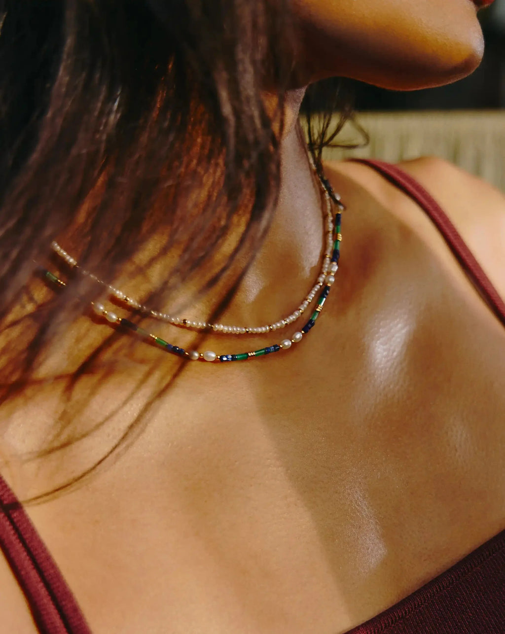 Beaded Gemstone & Pearl Short Necklace | 18k Gold Plated/Lagoon Blue