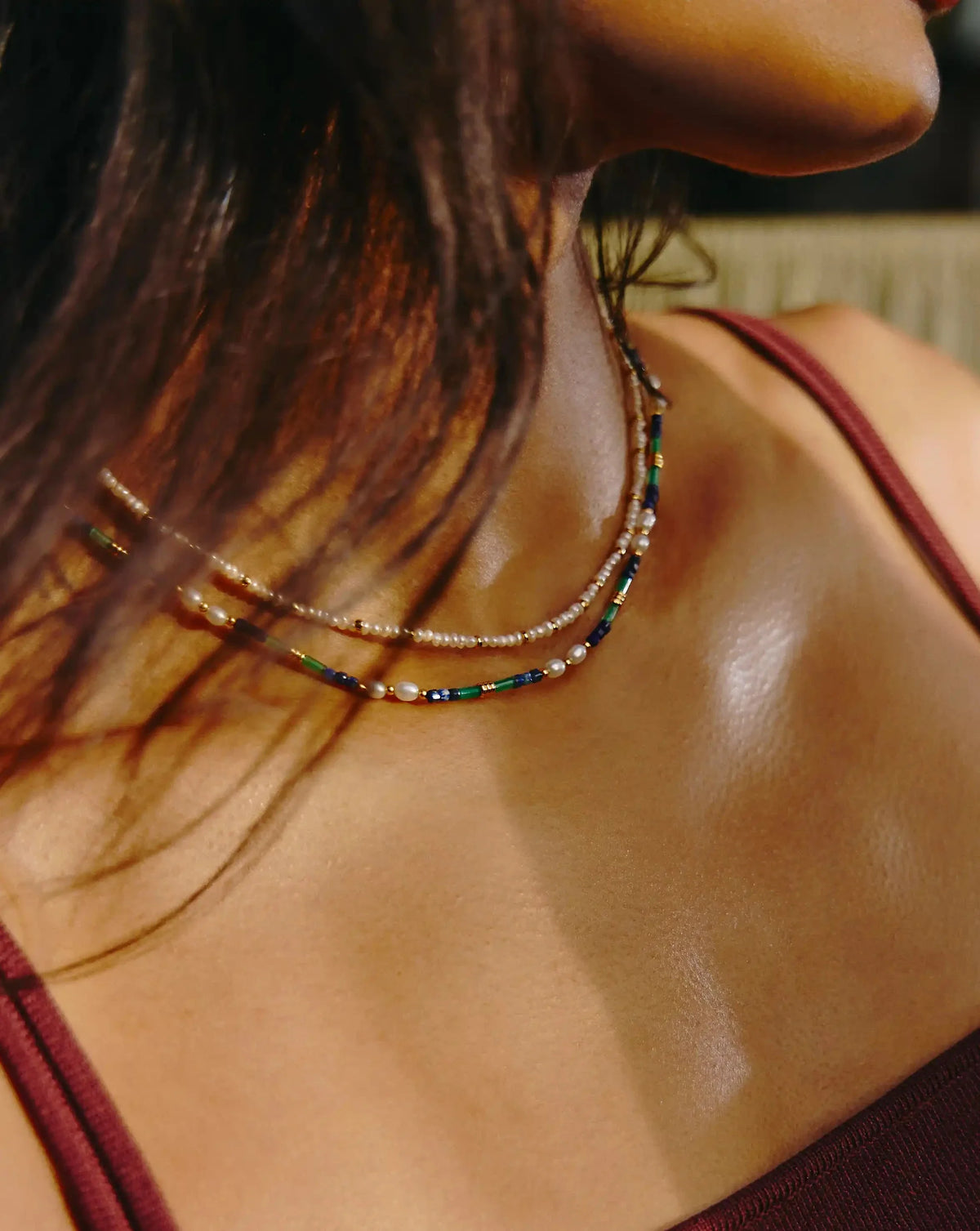 Beaded Gemstone & Pearl Short Necklace | 18k Gold Plated/Lagoon Blue