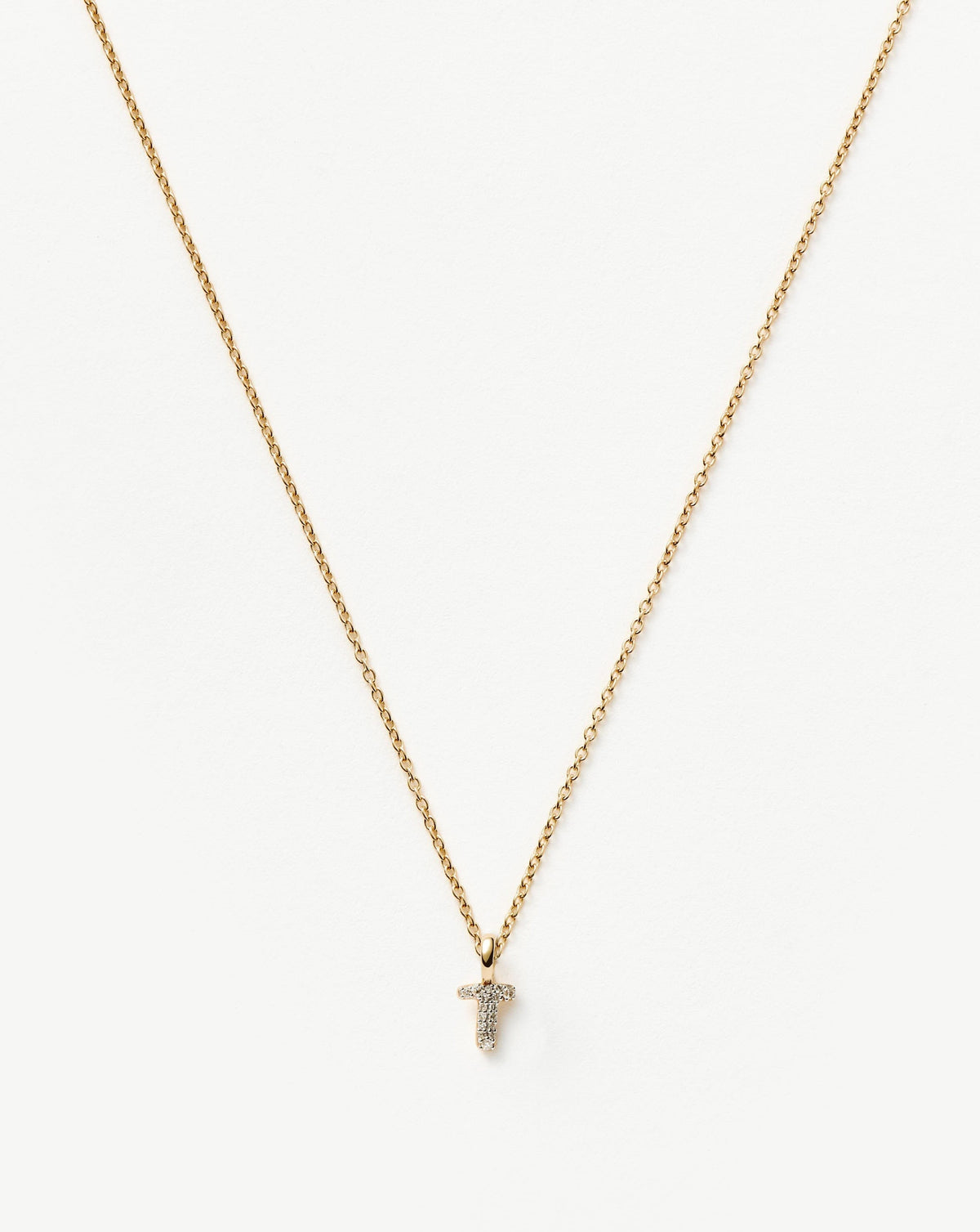 Solid Gold Diamond Initial Mini Pendant Necklace - T | 14k Solid Yellow Gold Plated/Diamond