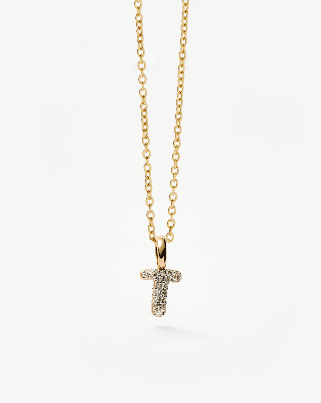 Solid Gold Diamond Initial Mini Pendant Necklace - T | 14k Solid Yellow Gold Plated/Diamond