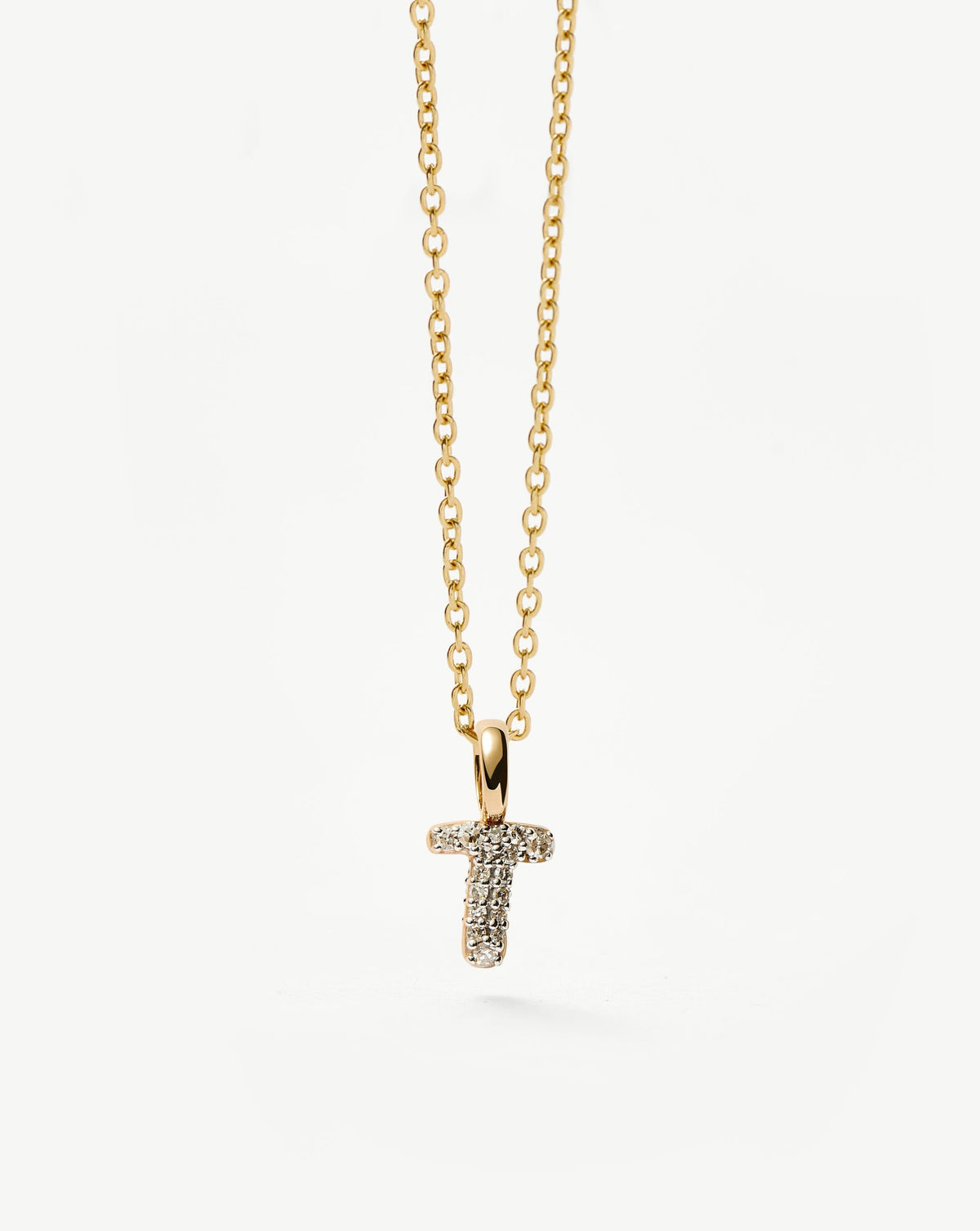 Solid Gold Diamond Initial Mini Pendant Necklace - T | 14k Solid Yellow Gold Plated/Diamond