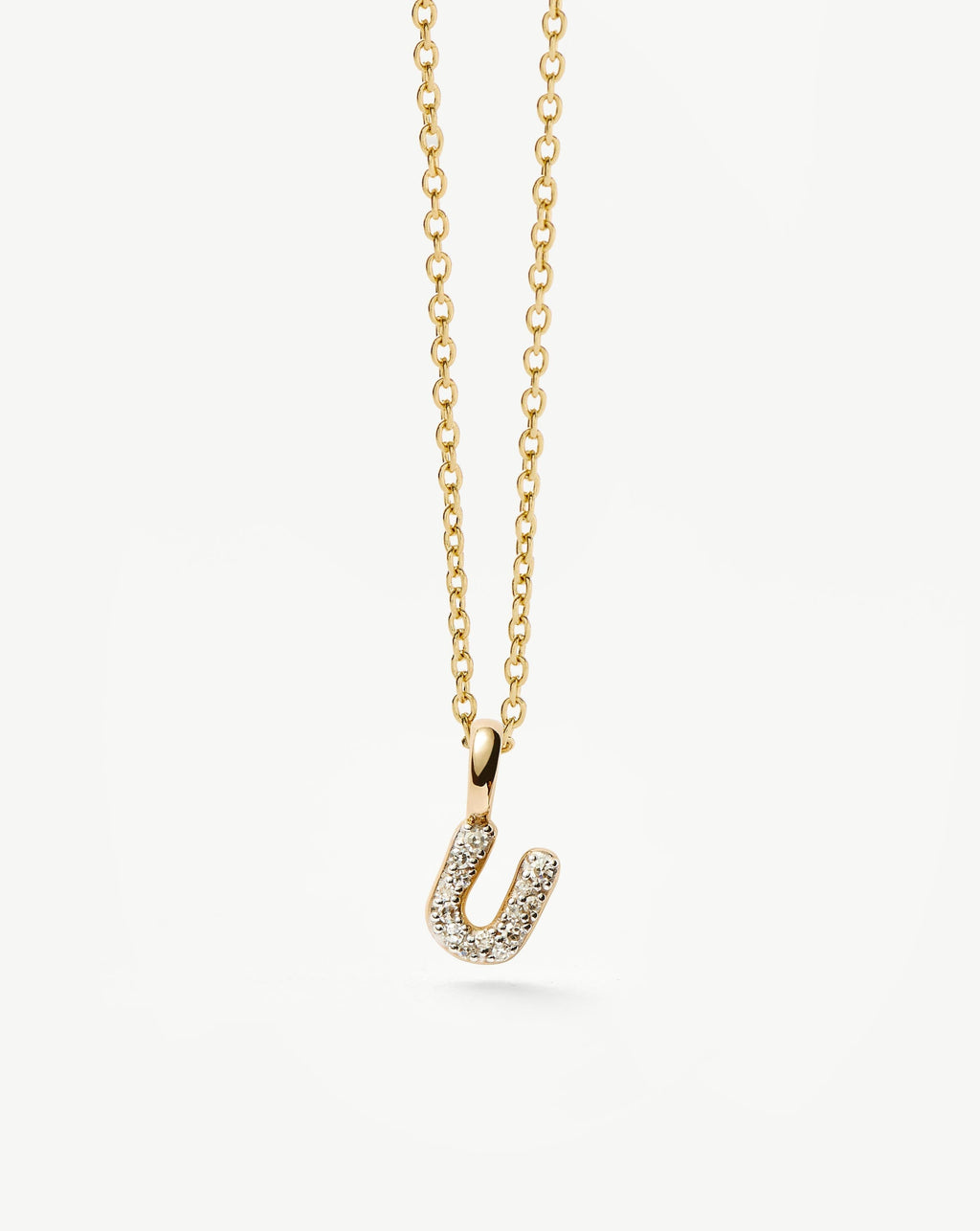Solid Gold Diamond Initial Mini Pendant Necklace - U | 14k Solid Yellow Gold Plated/Diamond