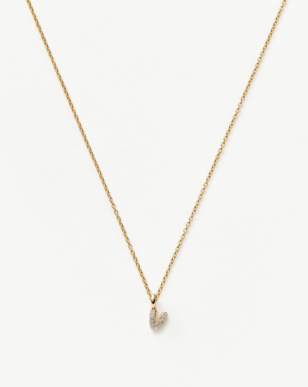 Solid Gold Diamond Initial Mini Pendant Necklace - V | 14k Solid Yellow Gold Plated/Diamond