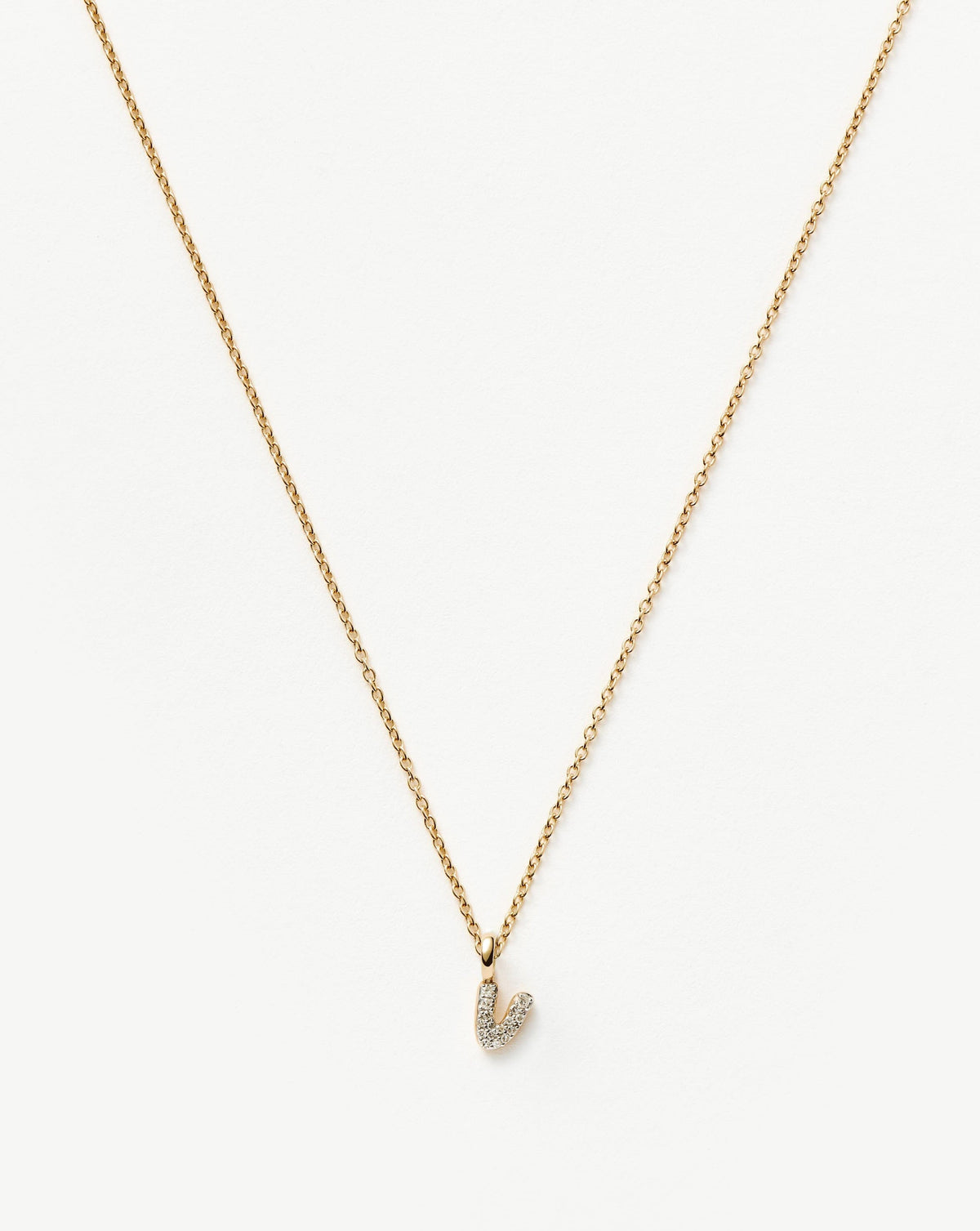 Solid Gold Diamond Initial Mini Pendant Necklace - V | 14k Solid Yellow Gold Plated/Diamond