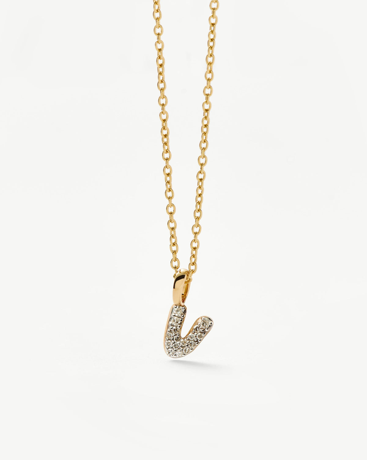 Solid Gold Diamond Initial Mini Pendant Necklace - V | 14k Solid Yellow Gold Plated/Diamond