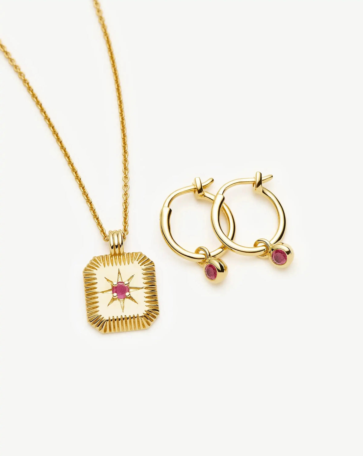 July Birthstone Necklace & Charm Earrings Set | 18k Gold Vermeil/Glass Filled Ruby