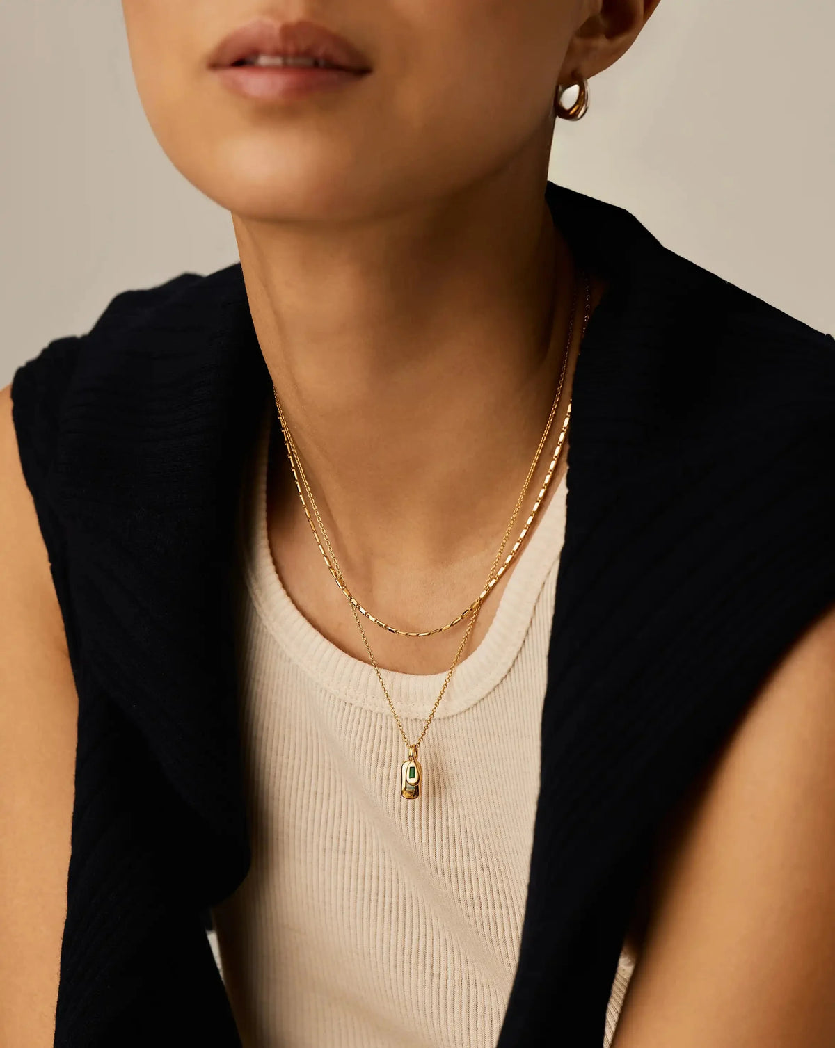 Molten Gemstone Bean Pendant Necklace | 18k Gold Plated/Blue and Green Onyx