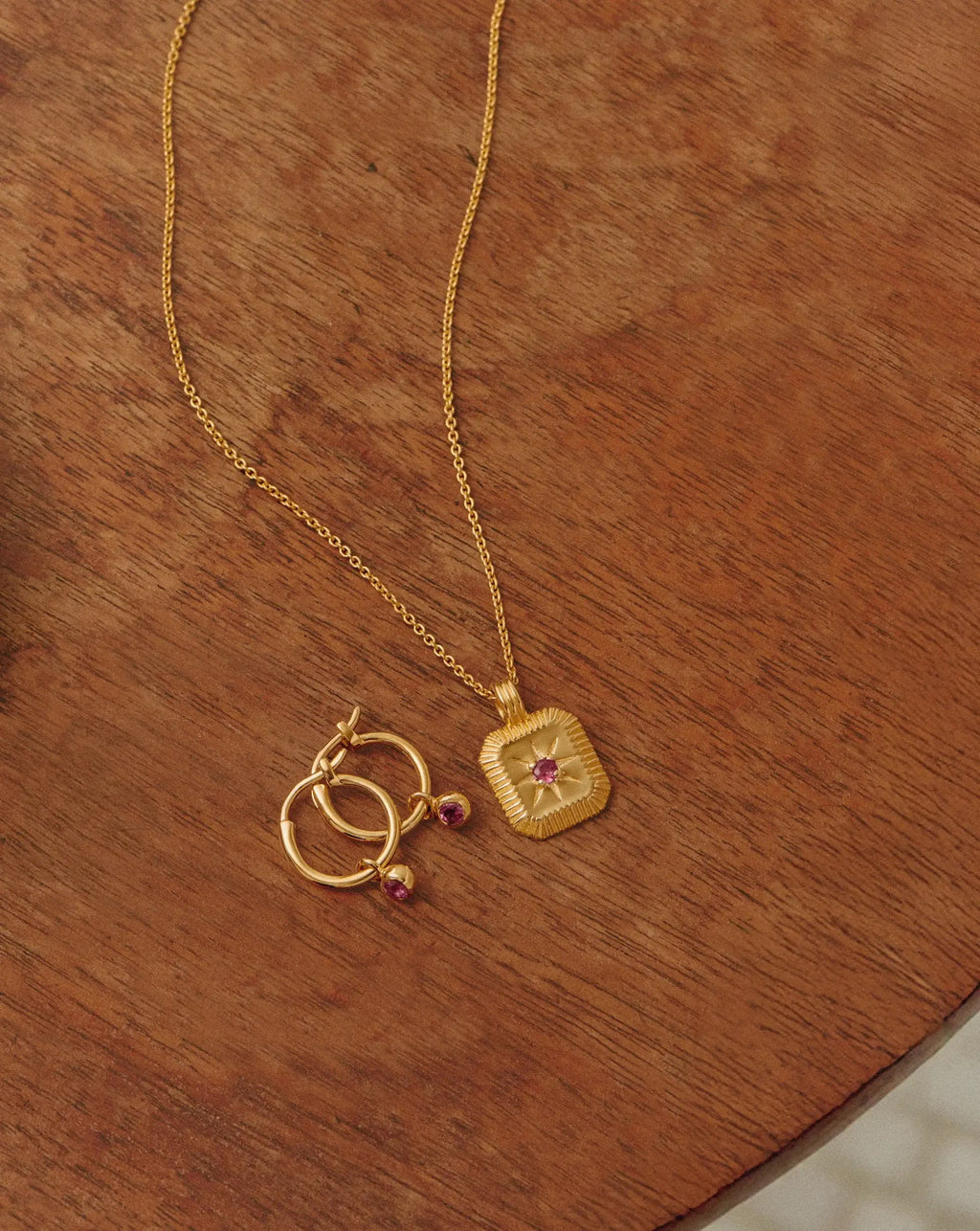 October Birthstone Necklace & Charm Earrings Set | 18k Gold Vermeil/Pink Tourmaline