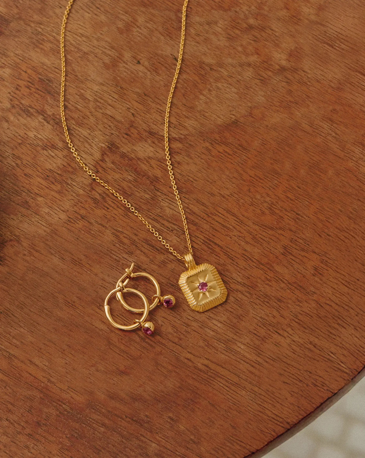 October Birthstone Necklace & Charm Earrings Set | 18k Gold Vermeil/Pink Tourmaline